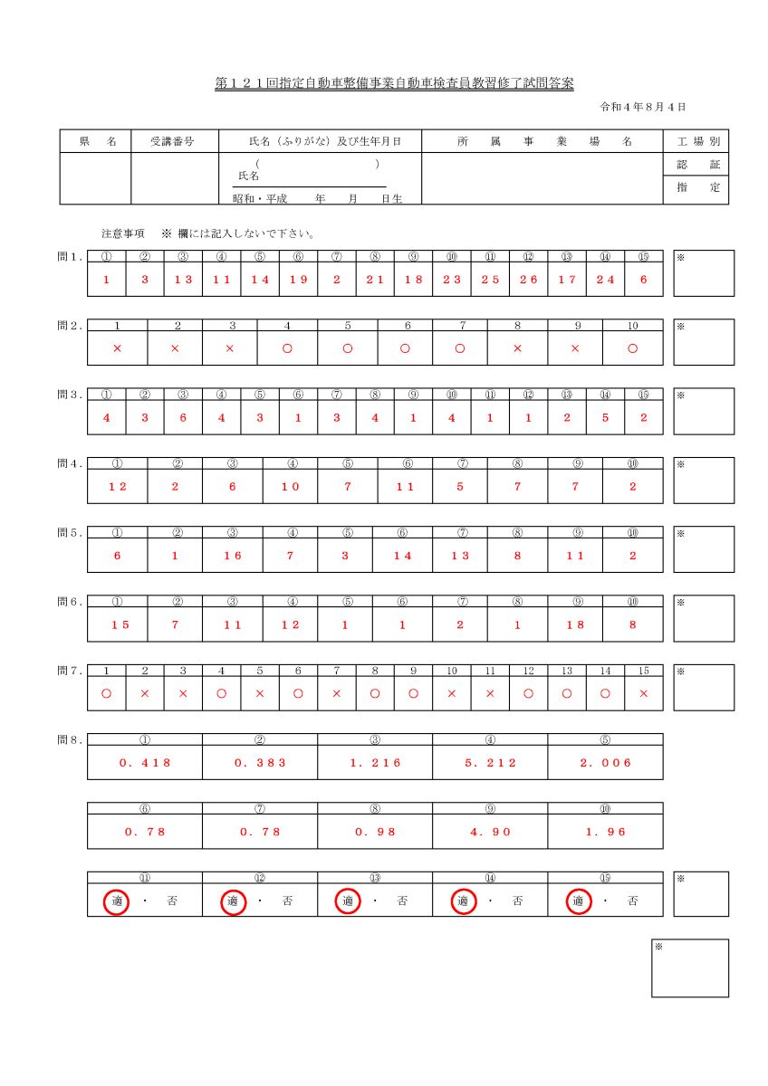 １２１回自動車検査員修了試問 解答 一般社団法人 岐阜県自動車整備振興会